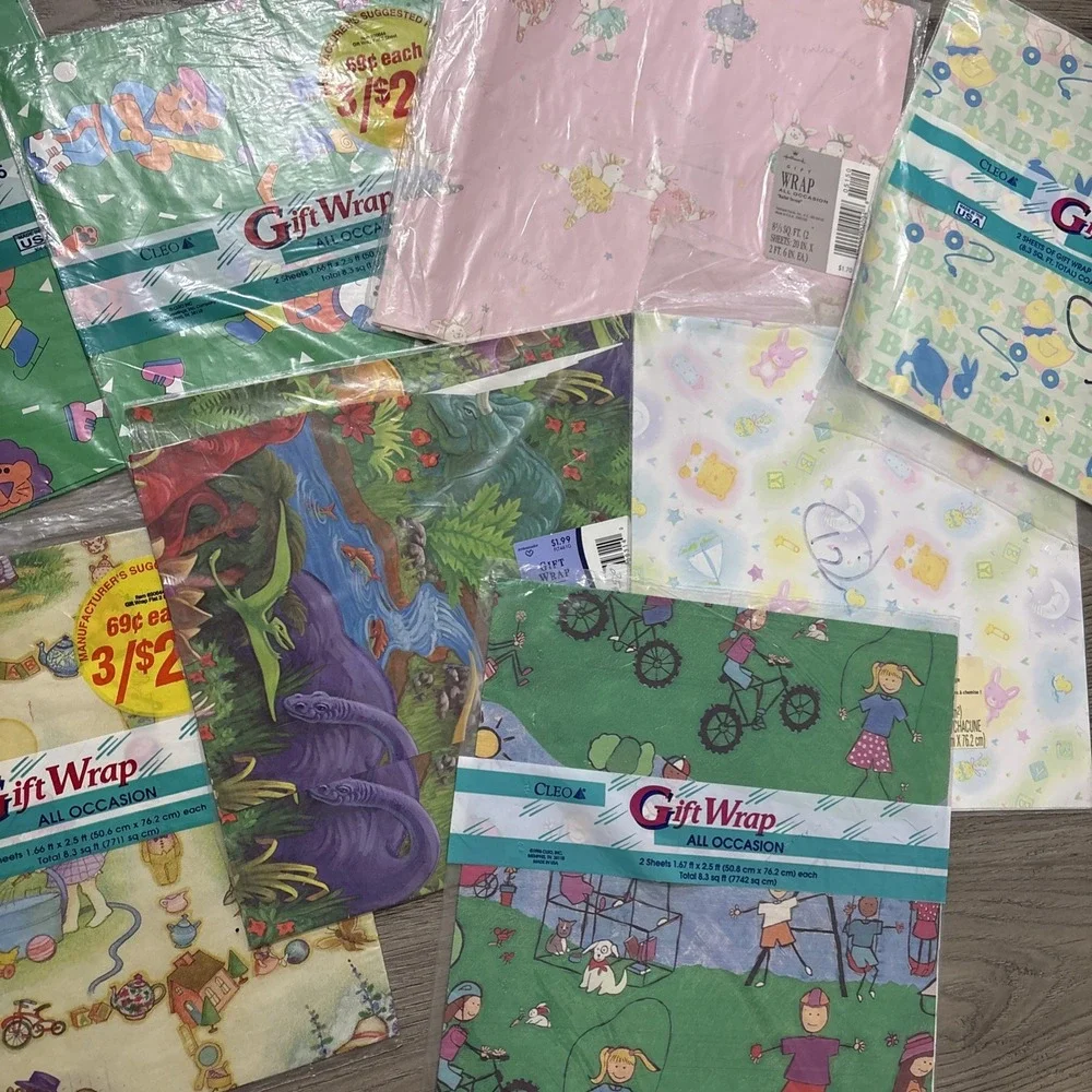 Lot of Vintage Gift wrapping paper Kids, Christmas, Girls, Boys, Toys, Dinosaurs
